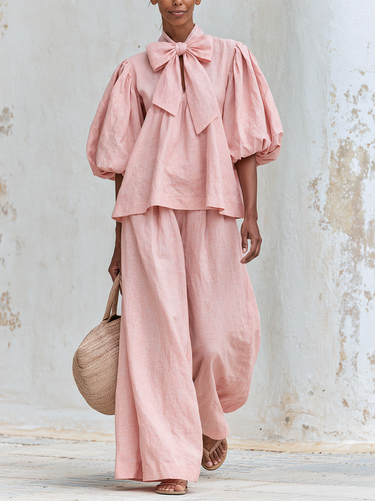 Ysaline | Ensemble Deux Pièces Haut à Nœud et Manches Bouffantes et Pantalon Large, Rose