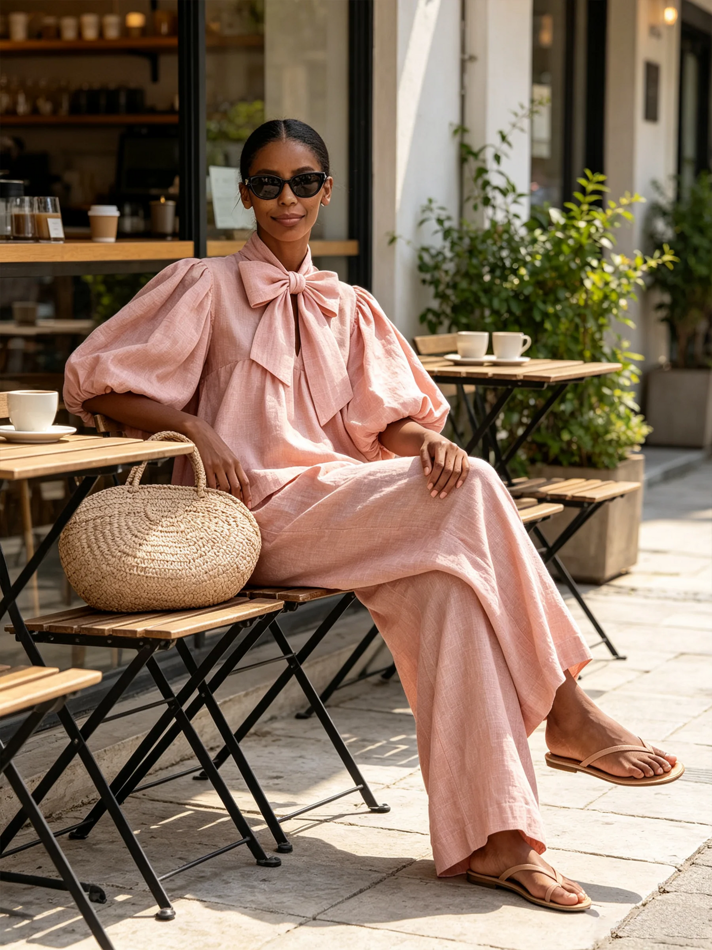 Ysaline | Ensemble Deux Pièces Haut à Nœud et Manches Bouffantes et Pantalon Large, Rose