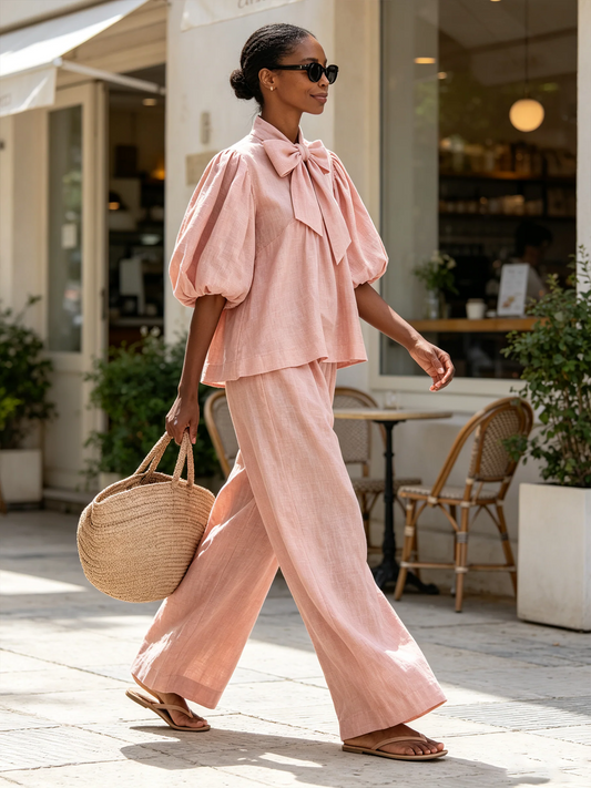 Ysaline | Ensemble Deux Pièces Haut à Nœud et Manches Bouffantes et Pantalon Large, Rose