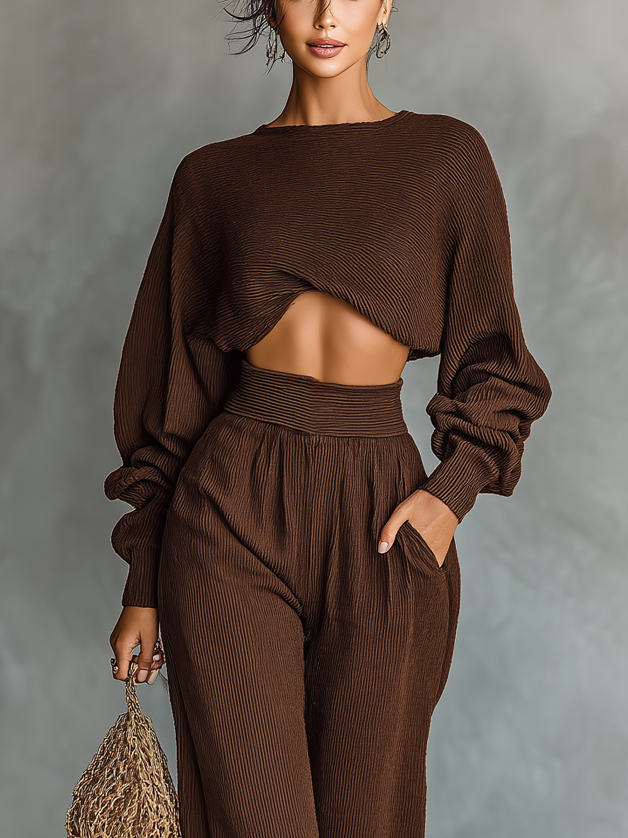 Amandine - Ensemble Tricoté Top Court Couleur Café Et Pantalons Amples