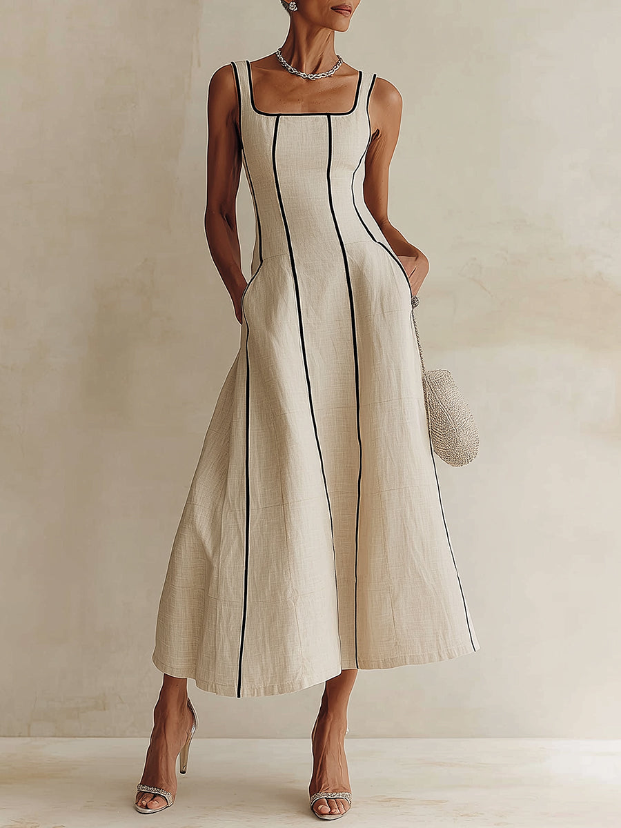 Sylvette | Robe Maxi A-Line à Rayures en Lin, Bord Noir
