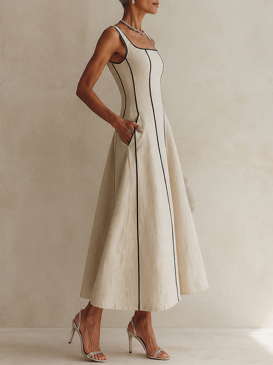 Sylvette | Robe Maxi A-Line à Rayures en Lin, Bord Noir