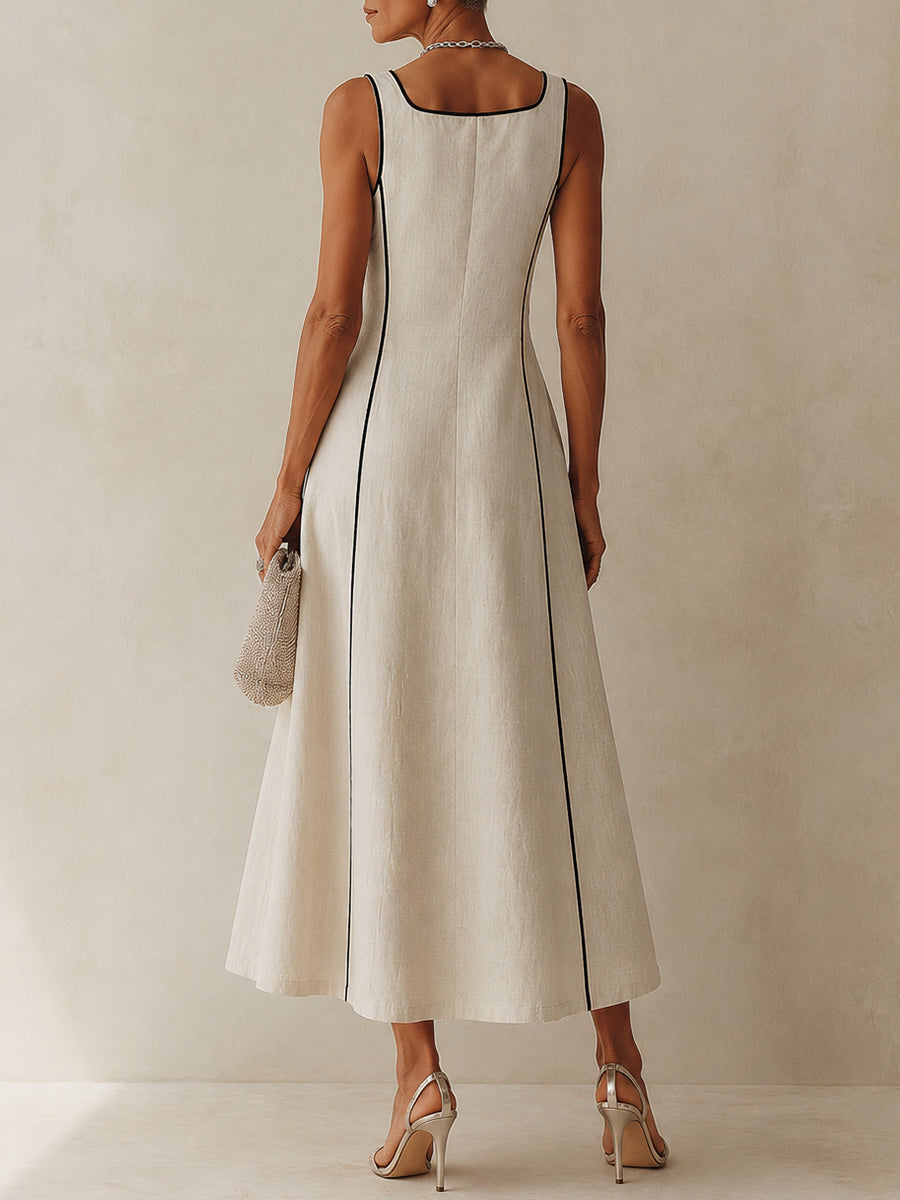 Sylvette | Robe Maxi A-Line à Rayures en Lin, Bord Noir