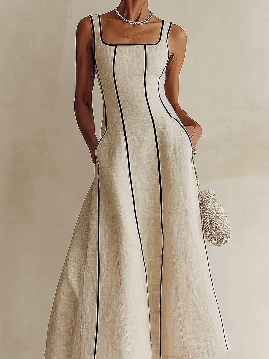 Sylvette | Robe Maxi A-Line à Rayures en Lin, Bord Noir