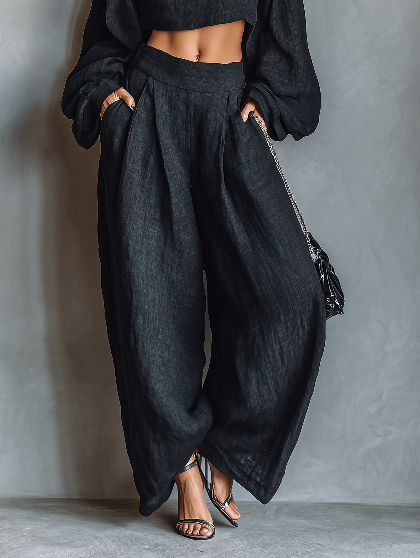 Laurine - Ensemble de Blouse à Manches Longues Sans Bretelles en Mélange de Lin et Pantalon à Jambes Larges