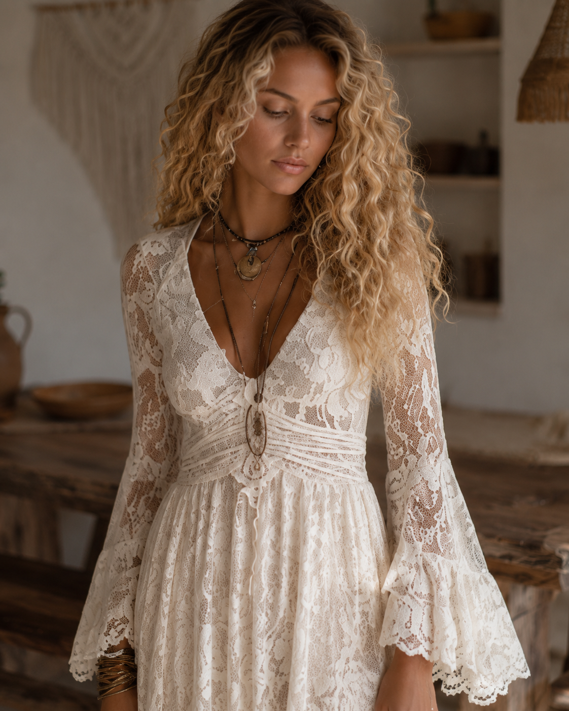 Léontine | Robe Maxi en Dentelle avec Manches Évasées, Ivoire