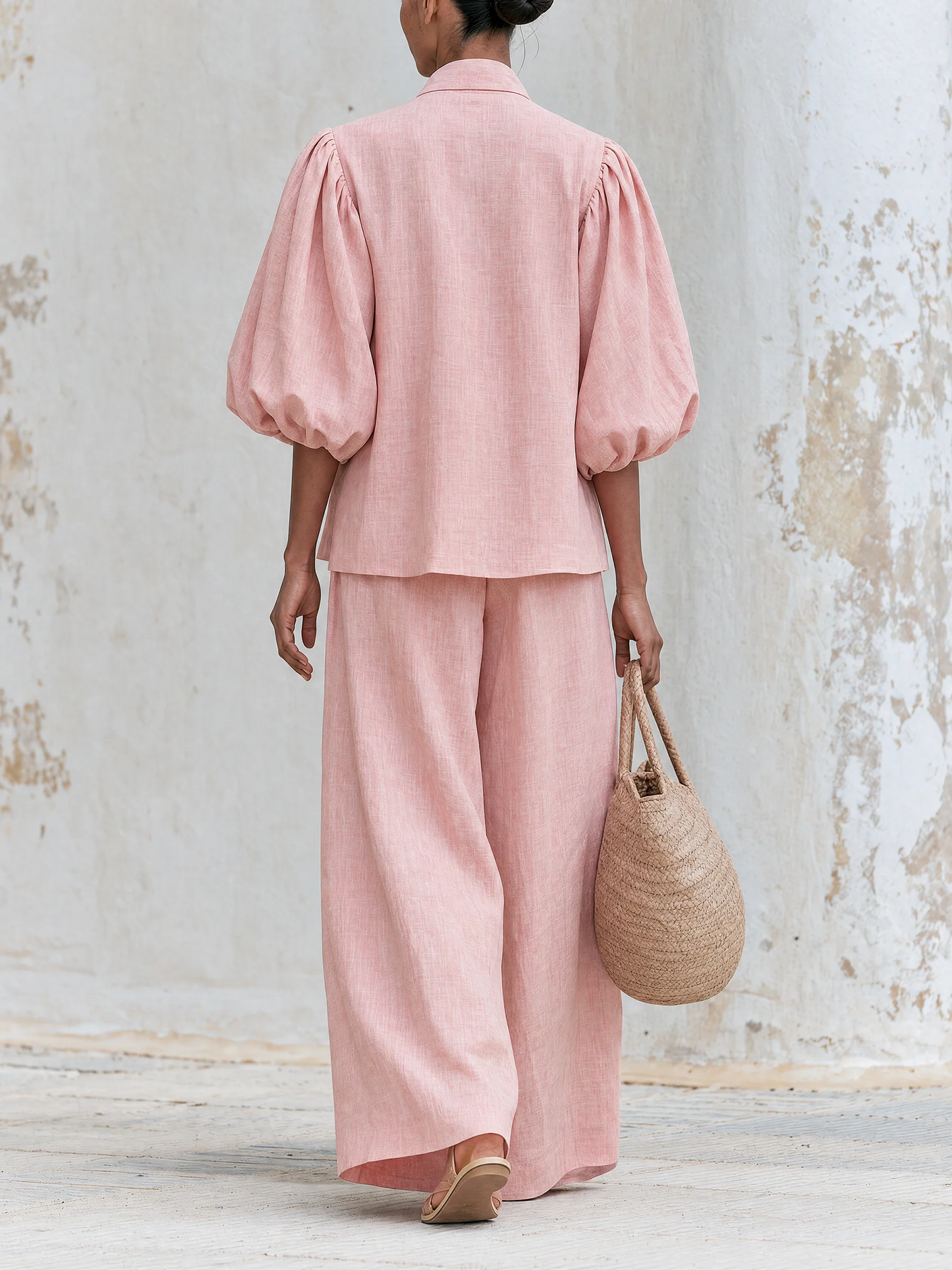Ysaline | Ensemble Deux Pièces Haut à Nœud et Manches Bouffantes et Pantalon Large, Rose