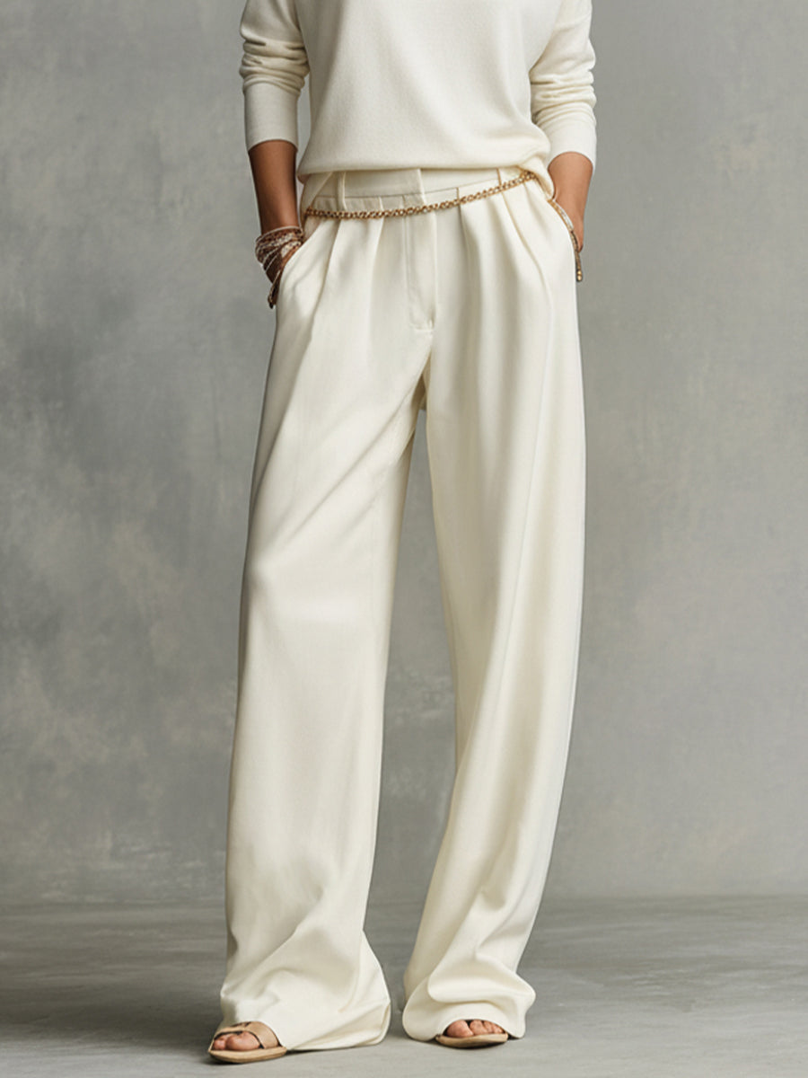 Romane - Ensemble Top Turtleneck Chic Tricot Doux Crème & Pantalon Large Flottant