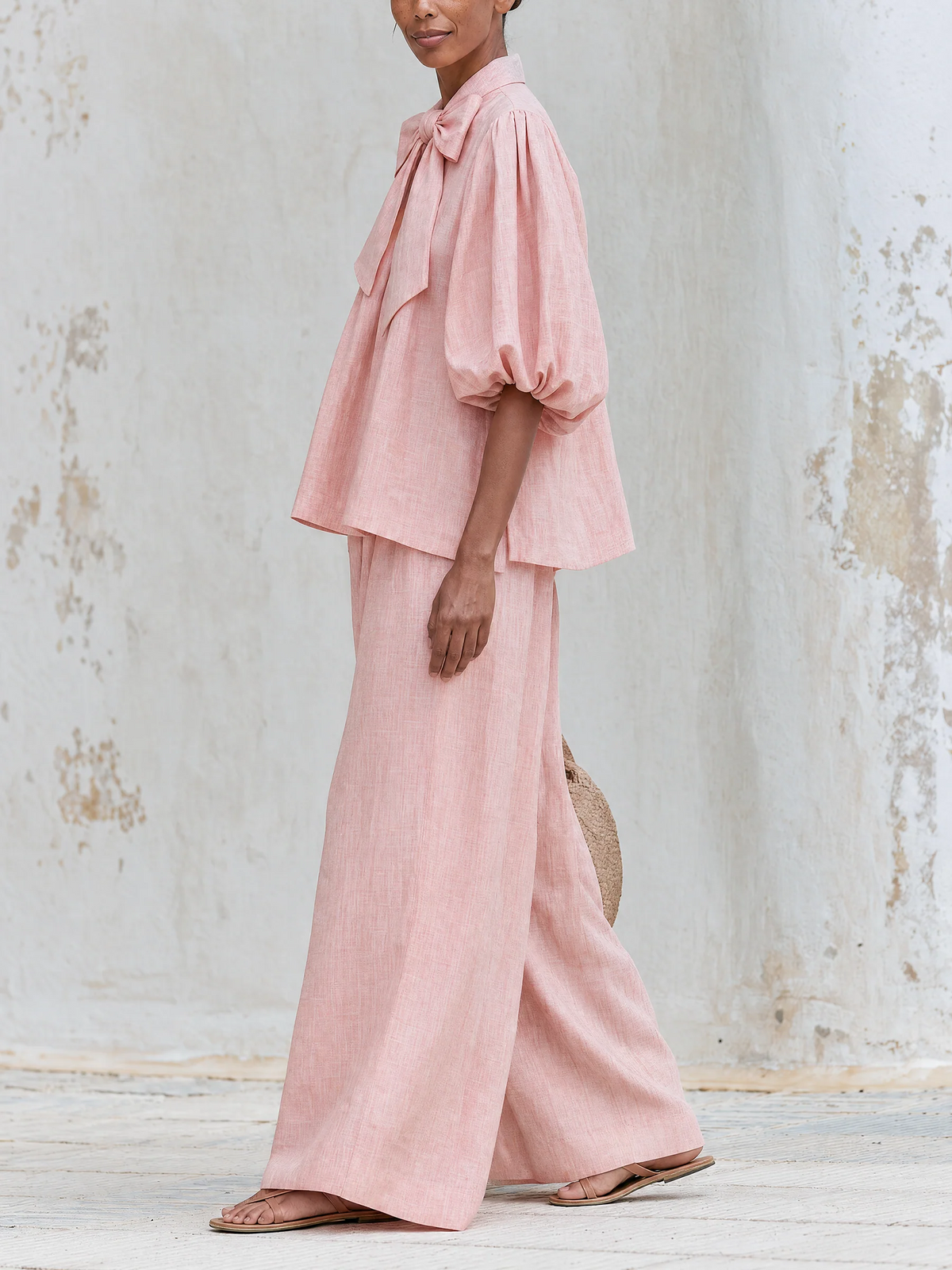 Ysaline | Ensemble Deux Pièces Haut à Nœud et Manches Bouffantes et Pantalon Large, Rose