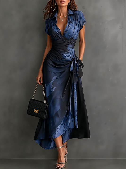 Roselyne | Robe Midi Portefeuille en Imprimé Abstrait, Bleu