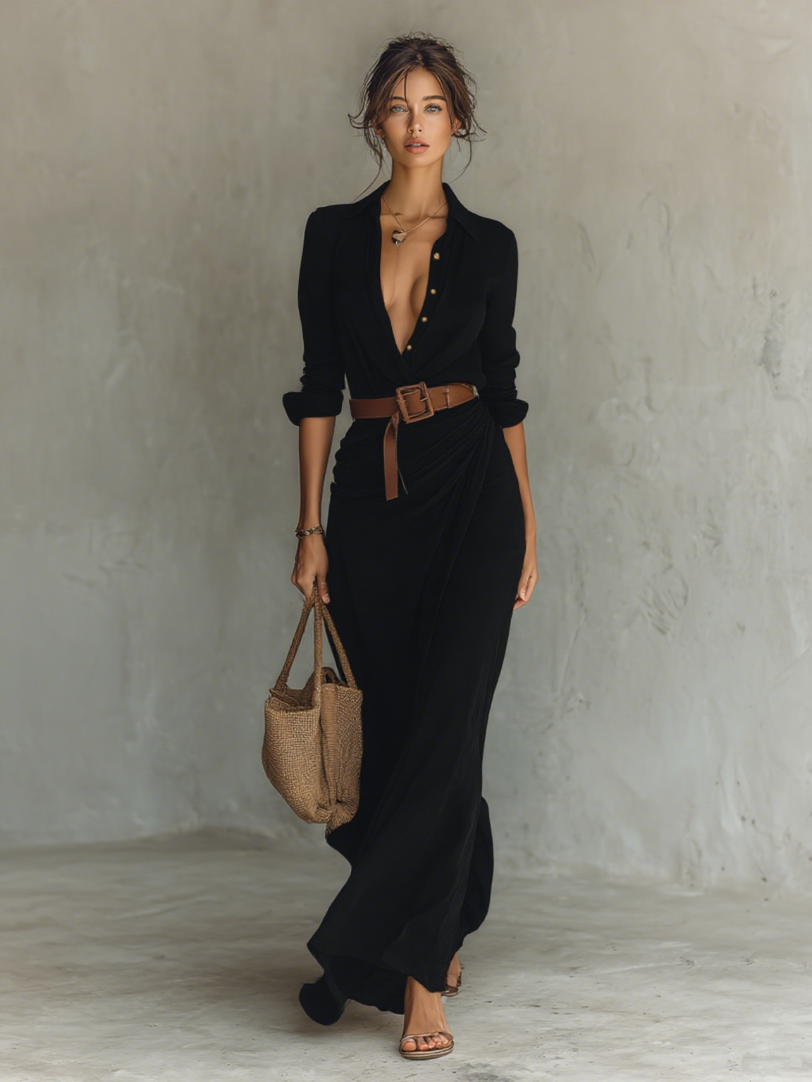 Robe Maxi Longue avec Col Notch et Manches Longues pour Femmes