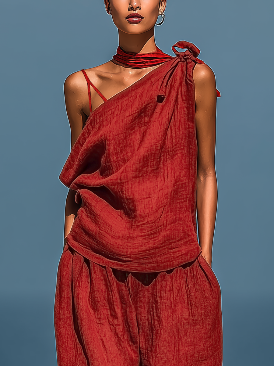 Blanche - Ensemble Rouge en Lin à Deux Pièces : Top Asymétrique à Une Épaule (Sans Écharpe) & Pantalon Large avec Poches