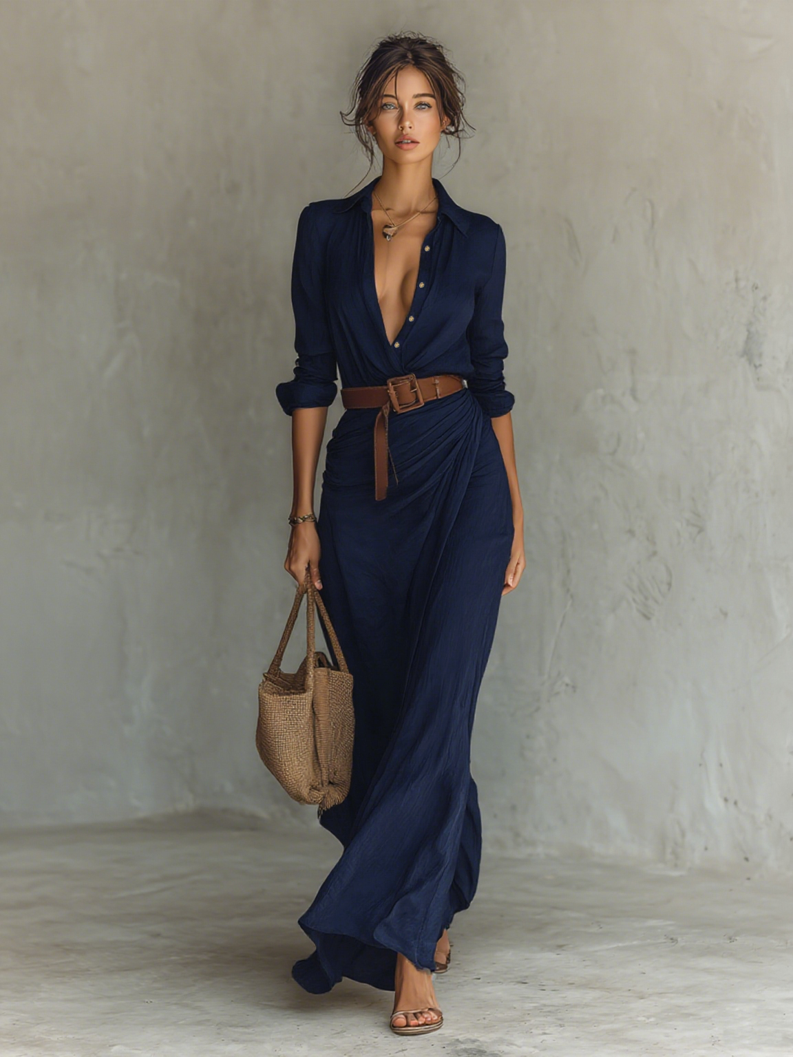 Robe Maxi Longue avec Col Notch et Manches Longues pour Femmes
