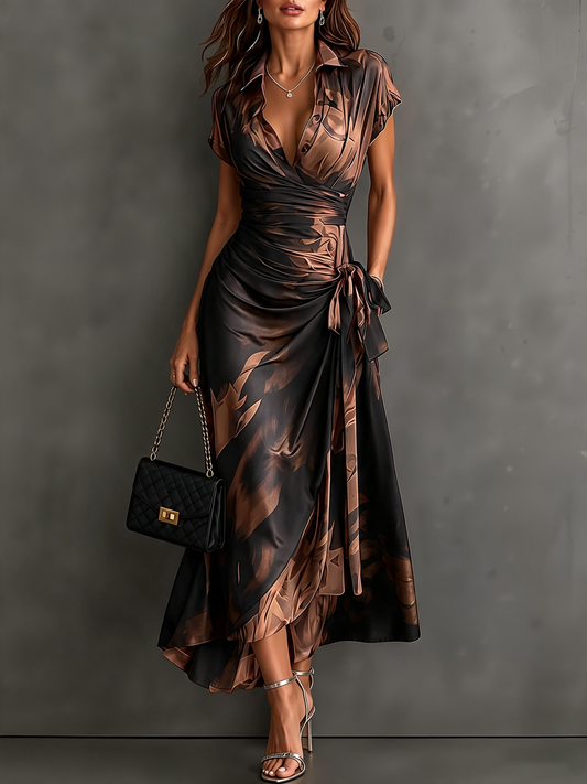 Léopoldine | Robe Midi Portefeuille en Imprimé Abstrait, Marron