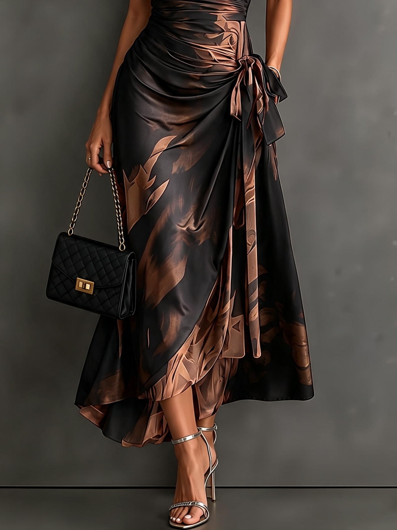 Léopoldine | Robe Midi Portefeuille en Imprimé Abstrait, Marron