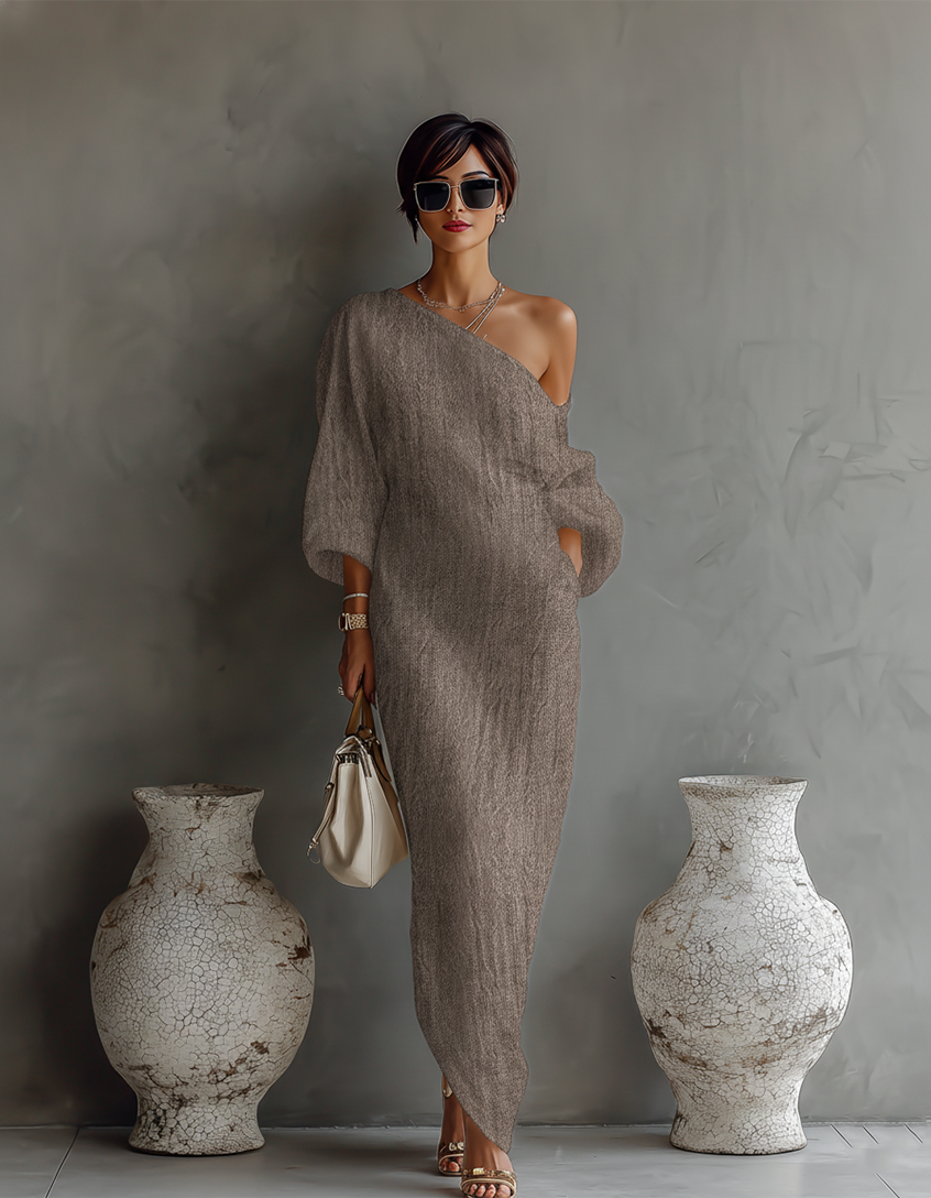 Robe Élégante Flottante en Blanc Ivoire avec Design Off-Shoulder