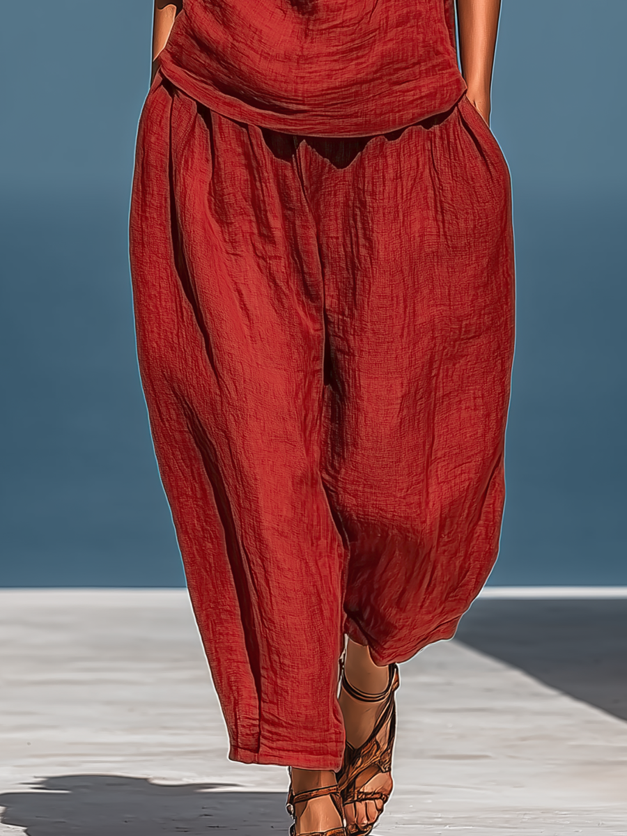 Blanche - Ensemble Rouge en Lin à Deux Pièces : Top Asymétrique à Une Épaule (Sans Écharpe) & Pantalon Large avec Poches