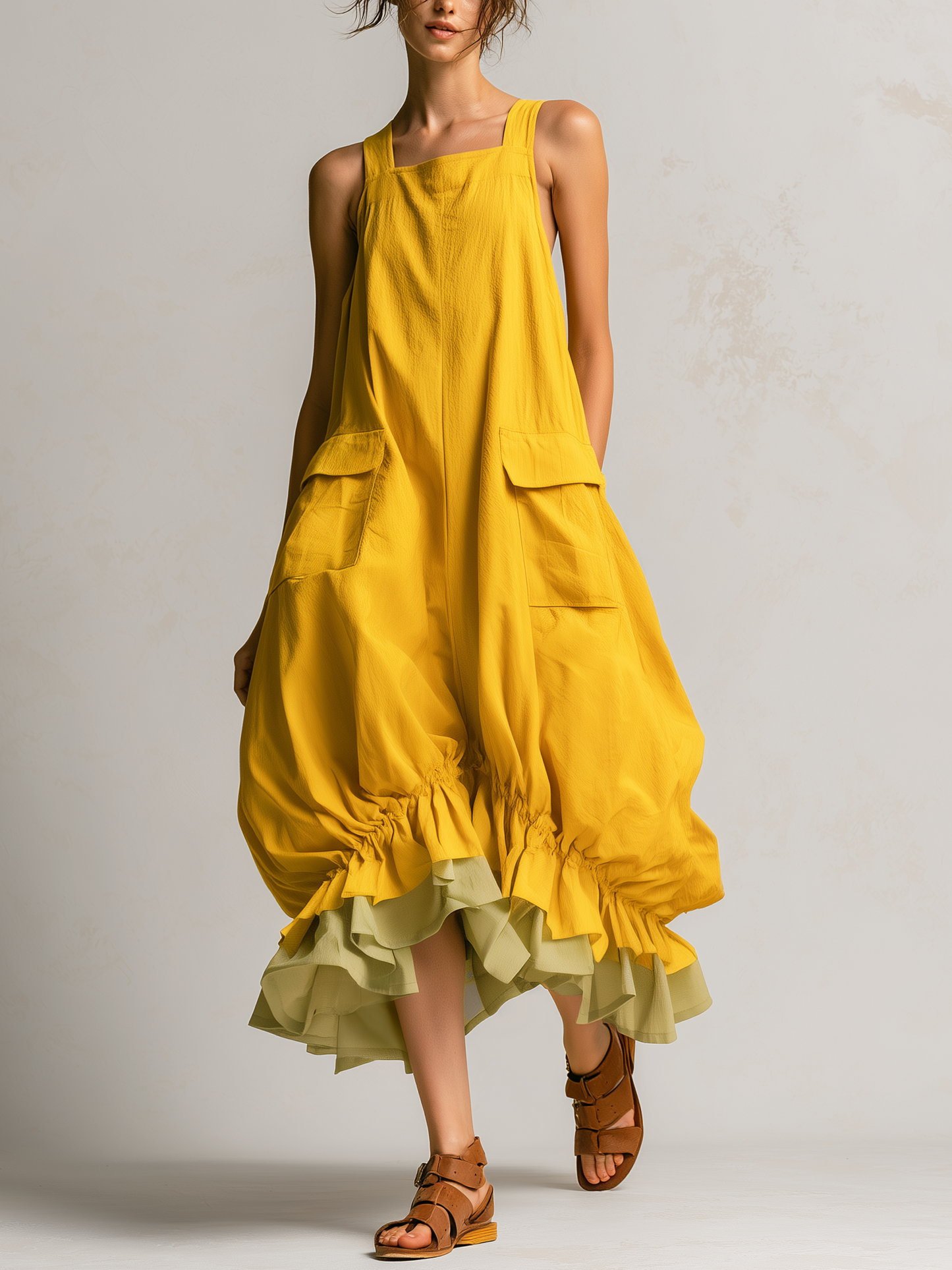 Josette | Robe Midi Ballon à Poches Plaquées et Volant Contrastant