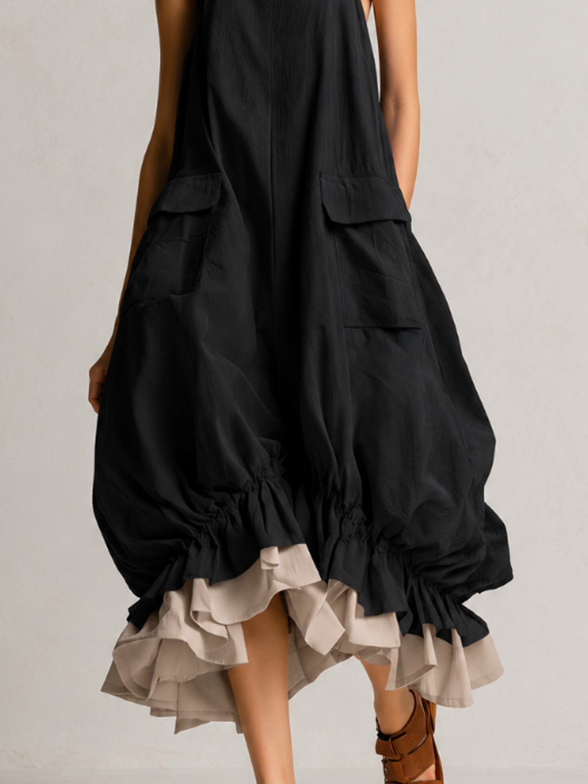 Josette | Robe Midi Ballon à Poches Plaquées et Volant Contrastant