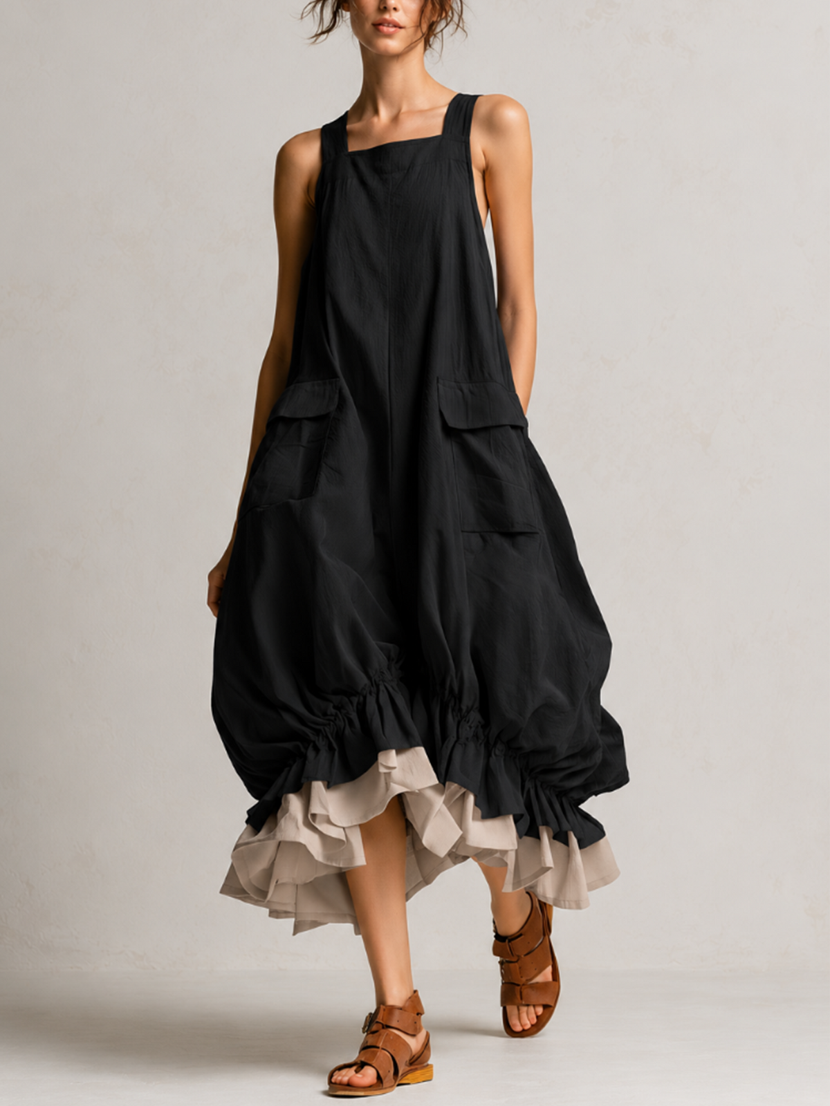 Josette | Robe Midi Ballon à Poches Plaquées et Volant Contrastant