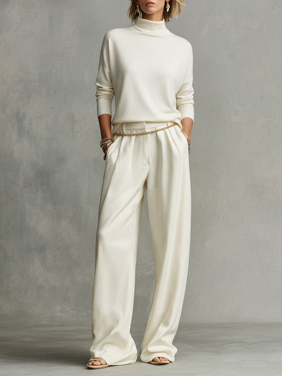 Romane - Ensemble Top Turtleneck Chic Tricot Doux Crème & Pantalon Large Flottant