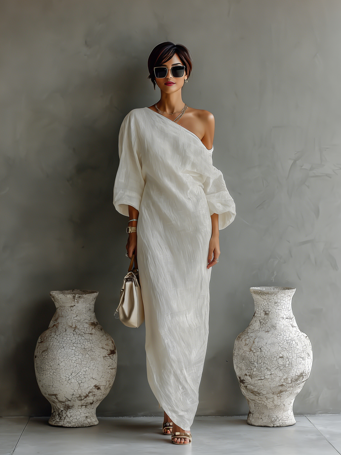 Robe Élégante Flottante en Blanc Ivoire avec Design Off-Shoulder