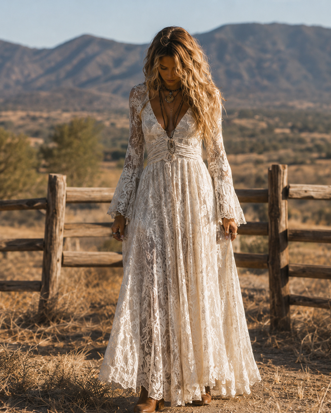 Léontine | Robe Maxi en Dentelle avec Manches Évasées, Ivoire