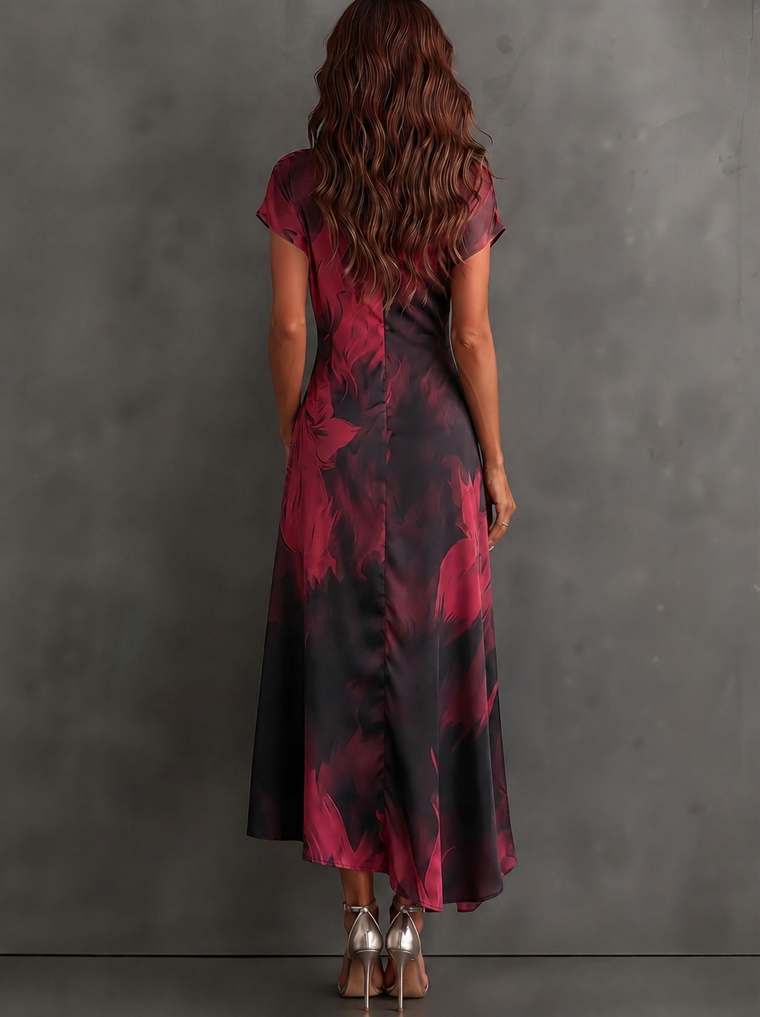 Marceline - Robe portefeuille mi-longue à imprimé abstrait rouge et noir, col chemisier, manches courtes, taille nouée et ourlet asymétrique à volants