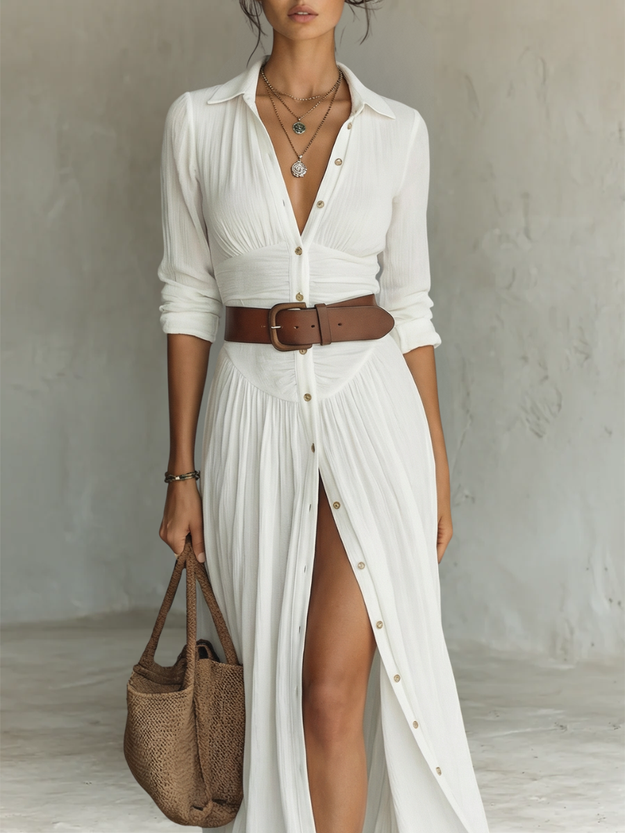 Robe Maxi Longue avec Col Noté et Manches Longues pour Femmes