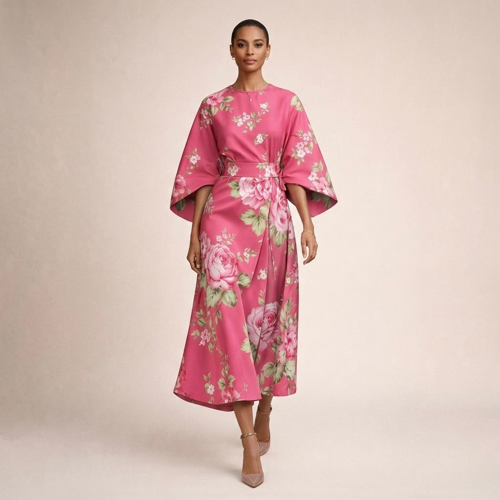 CLEMENTINE | Midi Floral avec Taille Sculptée et Élégance Aérienne