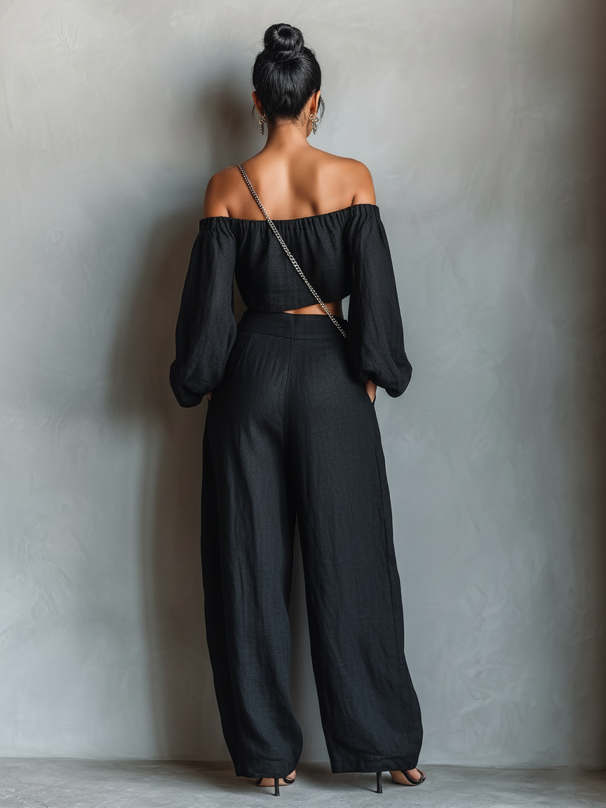 Laurine - Ensemble de Blouse à Manches Longues Sans Bretelles en Mélange de Lin et Pantalon à Jambes Larges