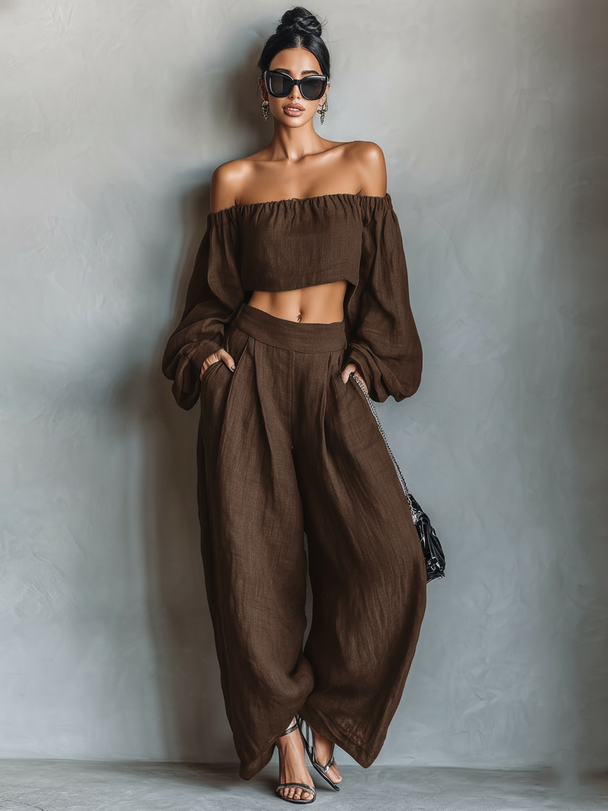 Laurine - Ensemble de Blouse à Manches Longues Sans Bretelles en Mélange de Lin et Pantalon à Jambes Larges