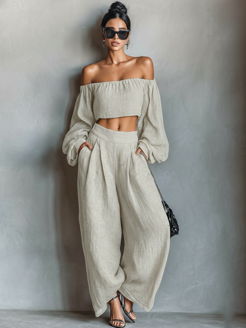 Laurine - Ensemble de Blouse à Manches Longues Sans Bretelles en Mélange de Lin et Pantalon à Jambes Larges