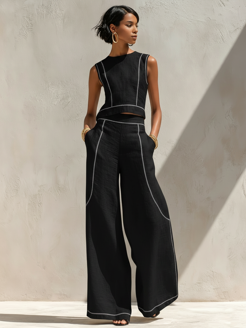 Chloe- Blouse Minimaliste en Mélange de Lin à Coutures Contrastées & Pantalon Large