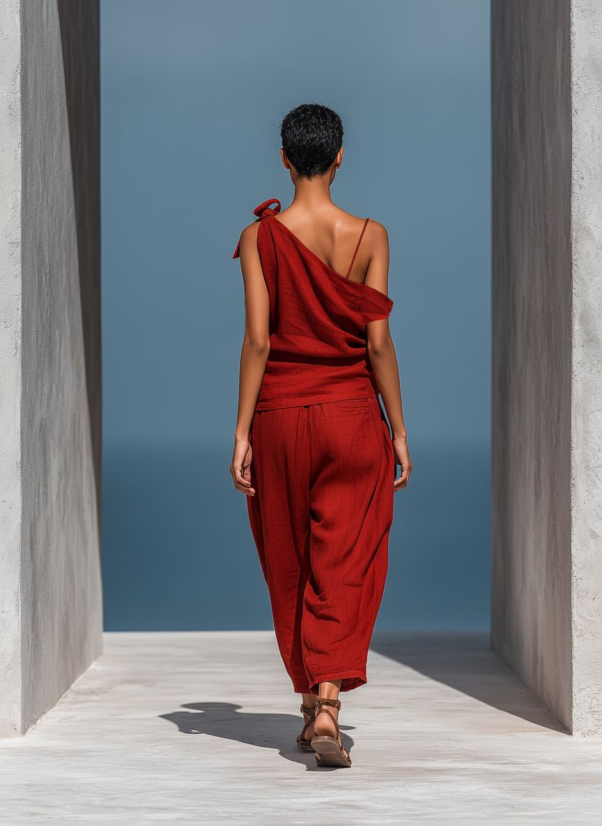 Blanche - Ensemble Rouge en Lin à Deux Pièces : Top Asymétrique à Une Épaule (Sans Écharpe) & Pantalon Large avec Poches