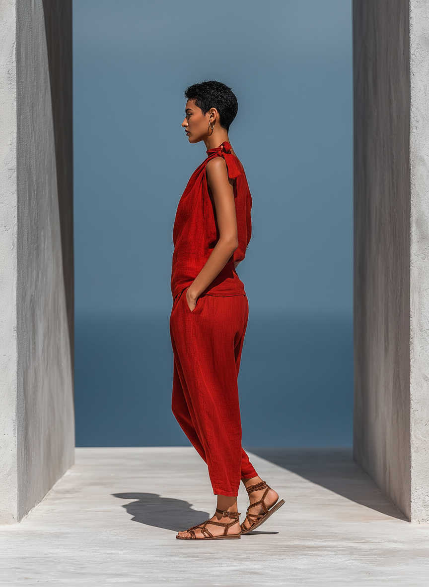 Blanche - Ensemble Rouge en Lin à Deux Pièces : Top Asymétrique à Une Épaule (Sans Écharpe) & Pantalon Large avec Poches