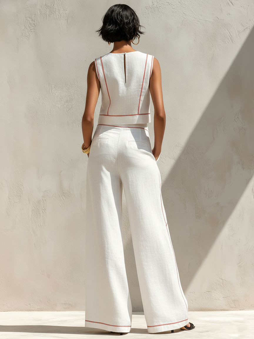 Chloe- Blouse Minimaliste en Mélange de Lin à Coutures Contrastées & Pantalon Large