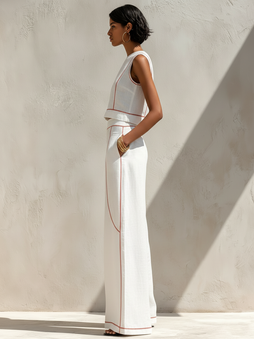 Faustine - Ensemble Blouse Minimaliste en Mélange de Lin à Coutures Contrastées & Pantalon à Jambes Larges