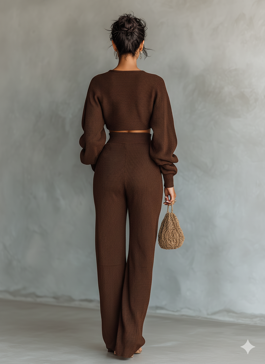Amandine - Ensemble Tricoté Top Court Couleur Café Et Pantalons Amples