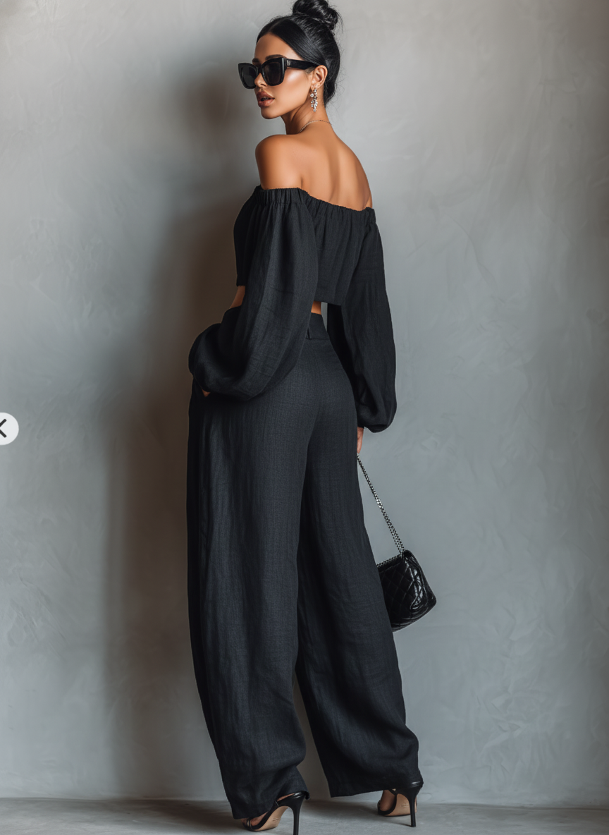 Laurine - Ensemble de Blouse à Manches Longues Sans Bretelles en Mélange de Lin et Pantalon à Jambes Larges