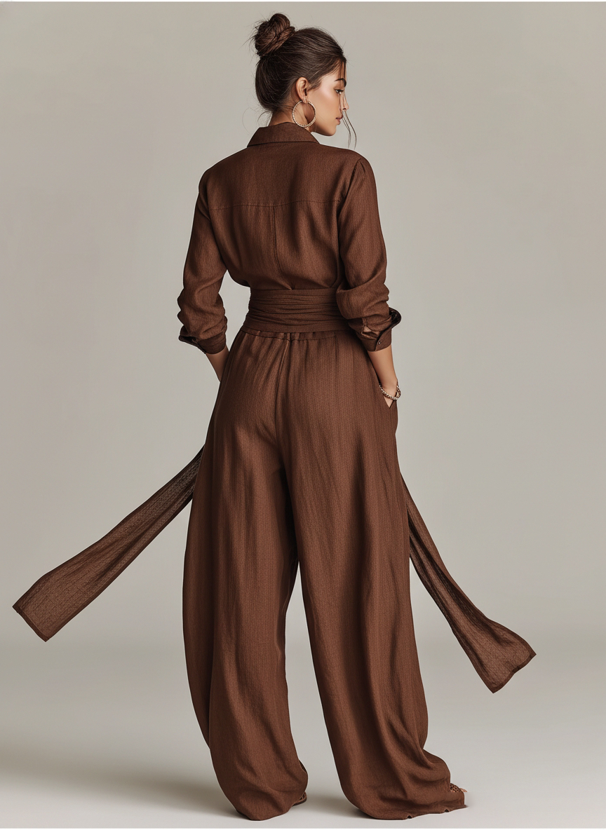 Soléane - Combinaison élégante en coton-lin tissée marron à manches longues et col chemise avec ceinture