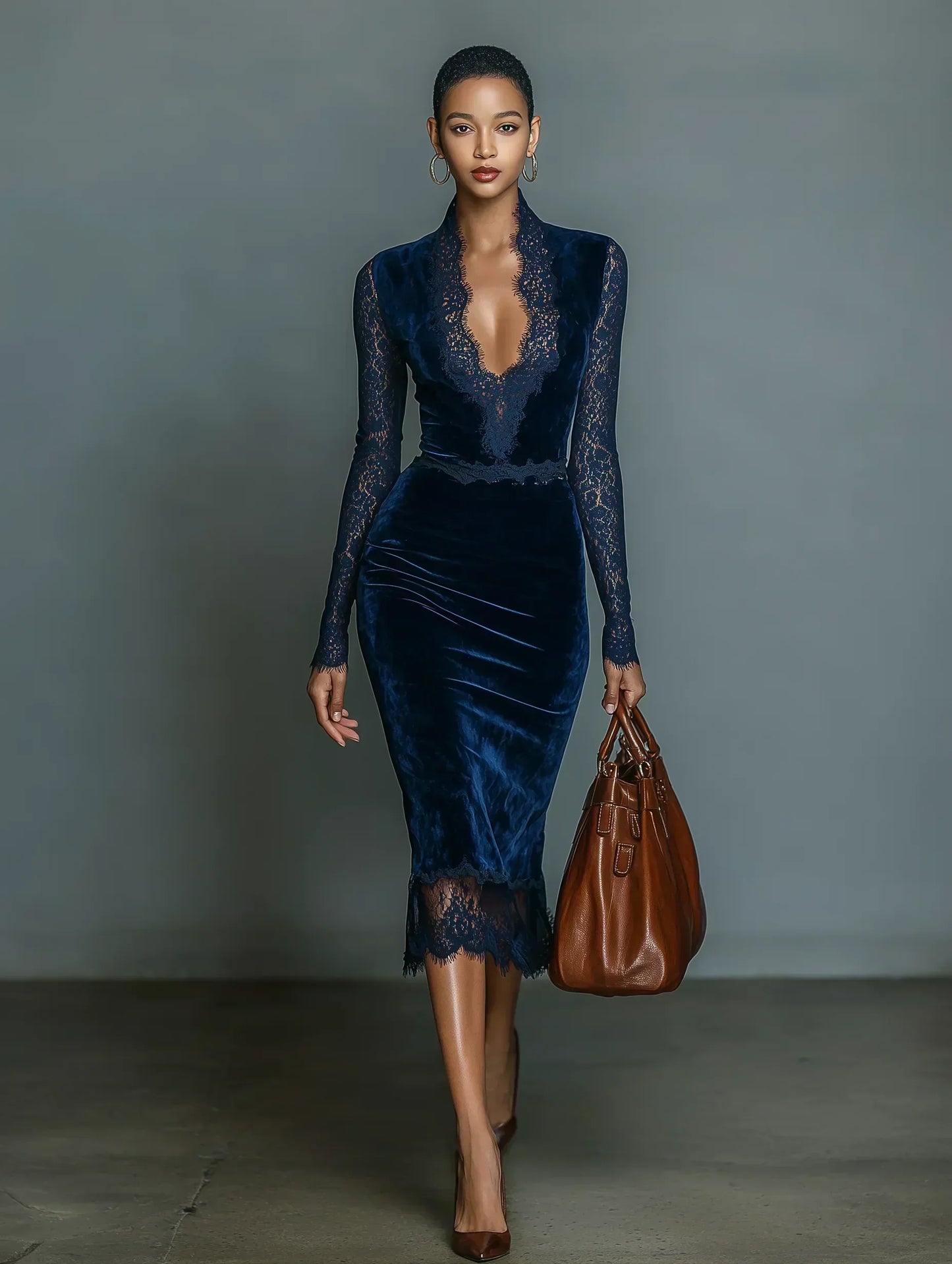 Robe Midi Slim-Fit en Velours Bleu Foncé Élégante et à la Mode pour Femmes avec Décolleté en V et Manches en Dentelle