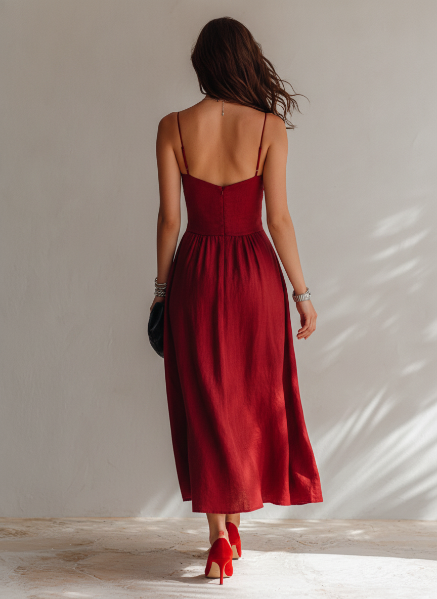 Juliette - Robe midi à bretelles spaghetti froncée en lin mélangé