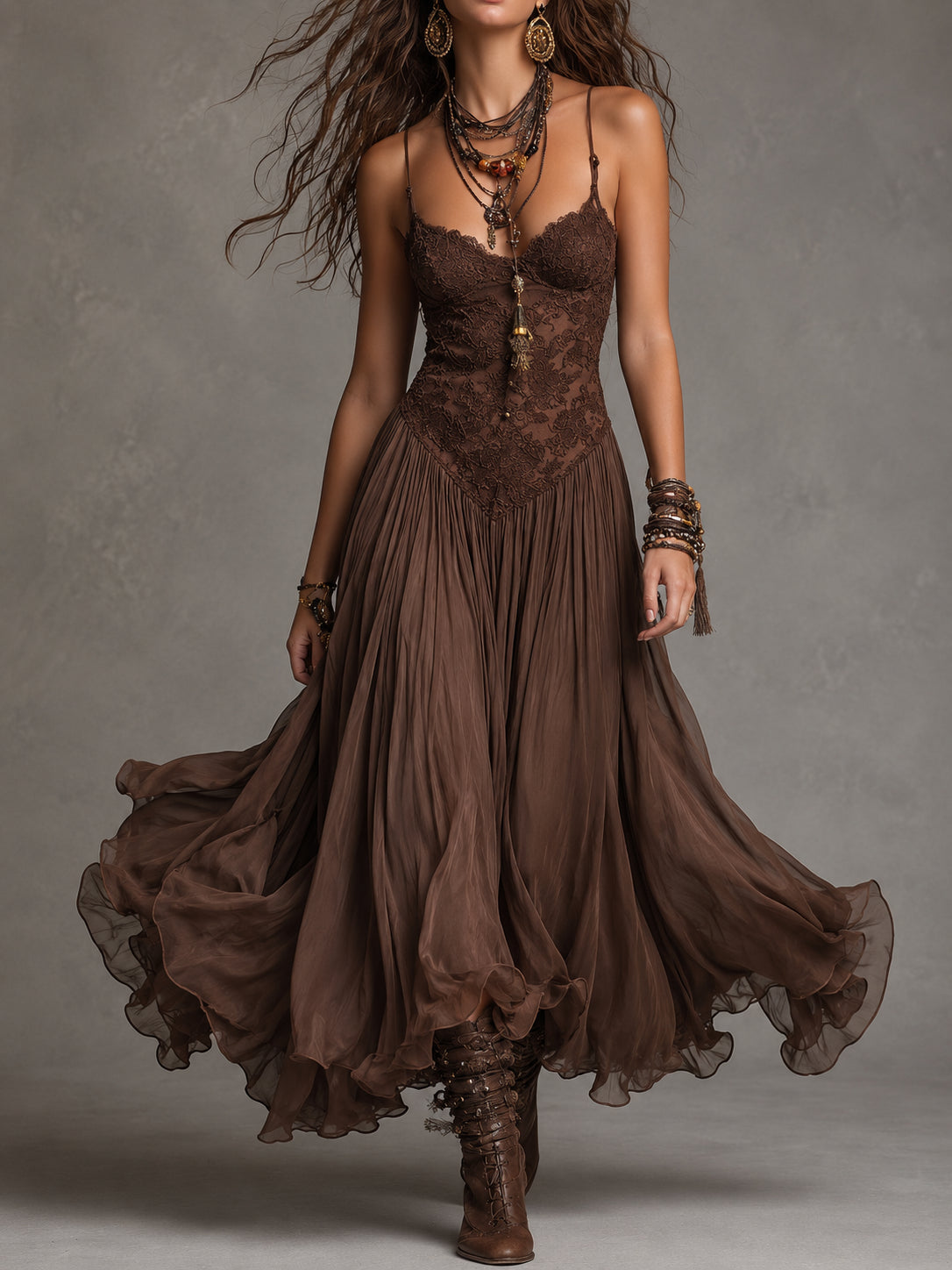 Maïté | Robe Maxi en Chiffon et Dentelle Marron