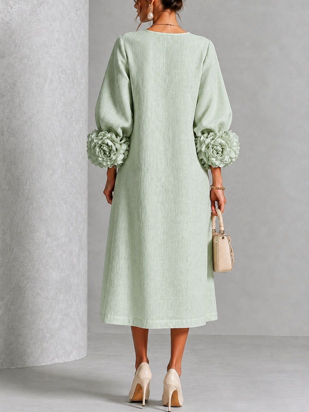 Alix | Robe Midi en Mélange de Lin avec Manches à Nœud, Vert Sauge