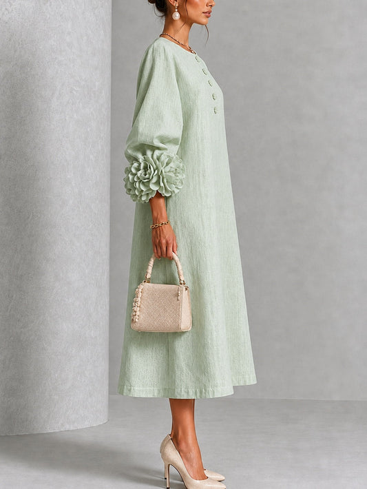 Alix | Robe Midi en Mélange de Lin avec Manches à Nœud, Vert Sauge
