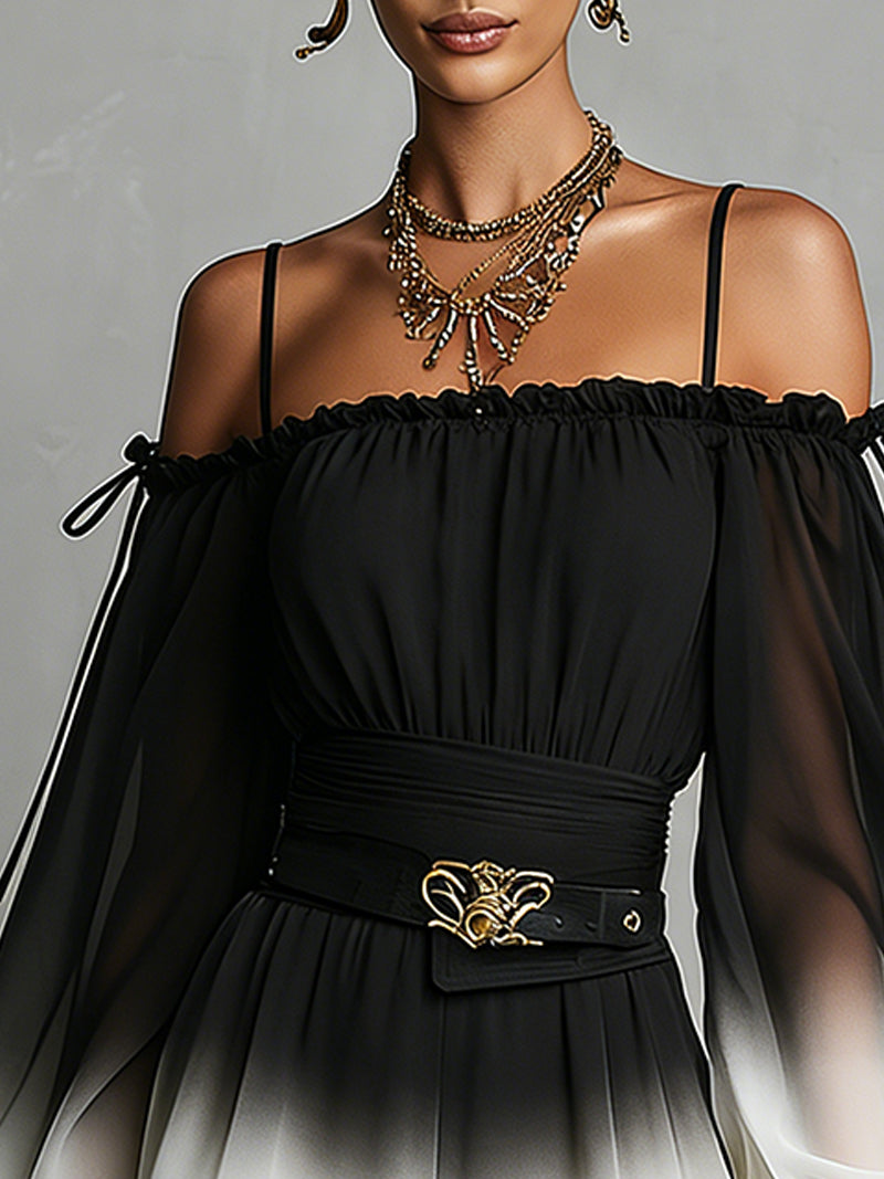 Combinaison Chiffon Dégradé Noir et Blanc à Bretelles Dénudées (avec ceinture)