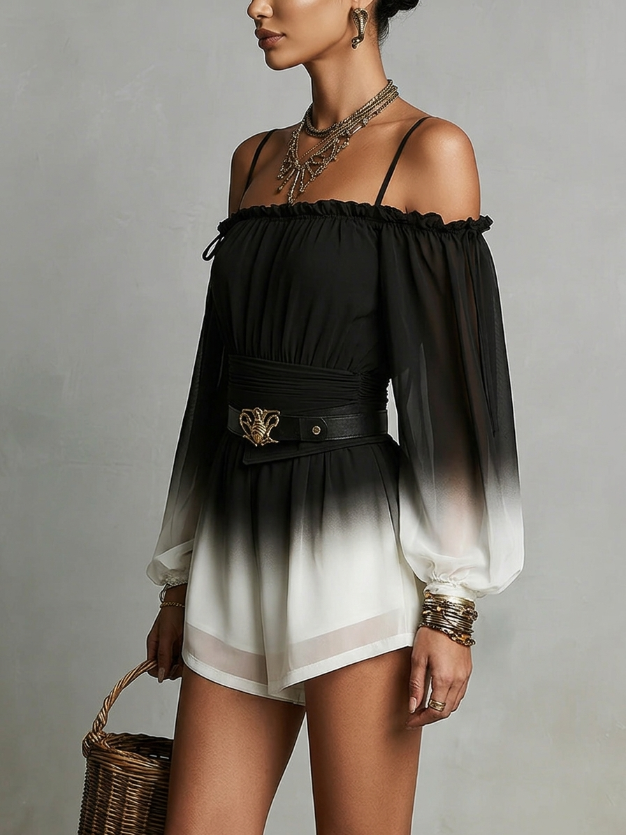 Combinaison Chiffon Dégradé Noir et Blanc à Bretelles Dénudées (avec ceinture)