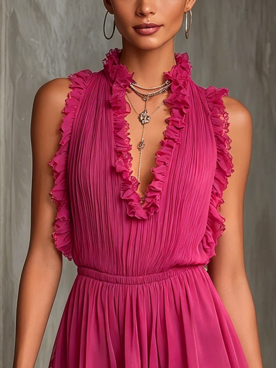 Combinaison en Chiffon Plissé avec Froufrous Fuchsia