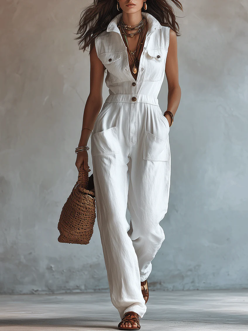 Combinaison sans manches en faux coton-lin blanc